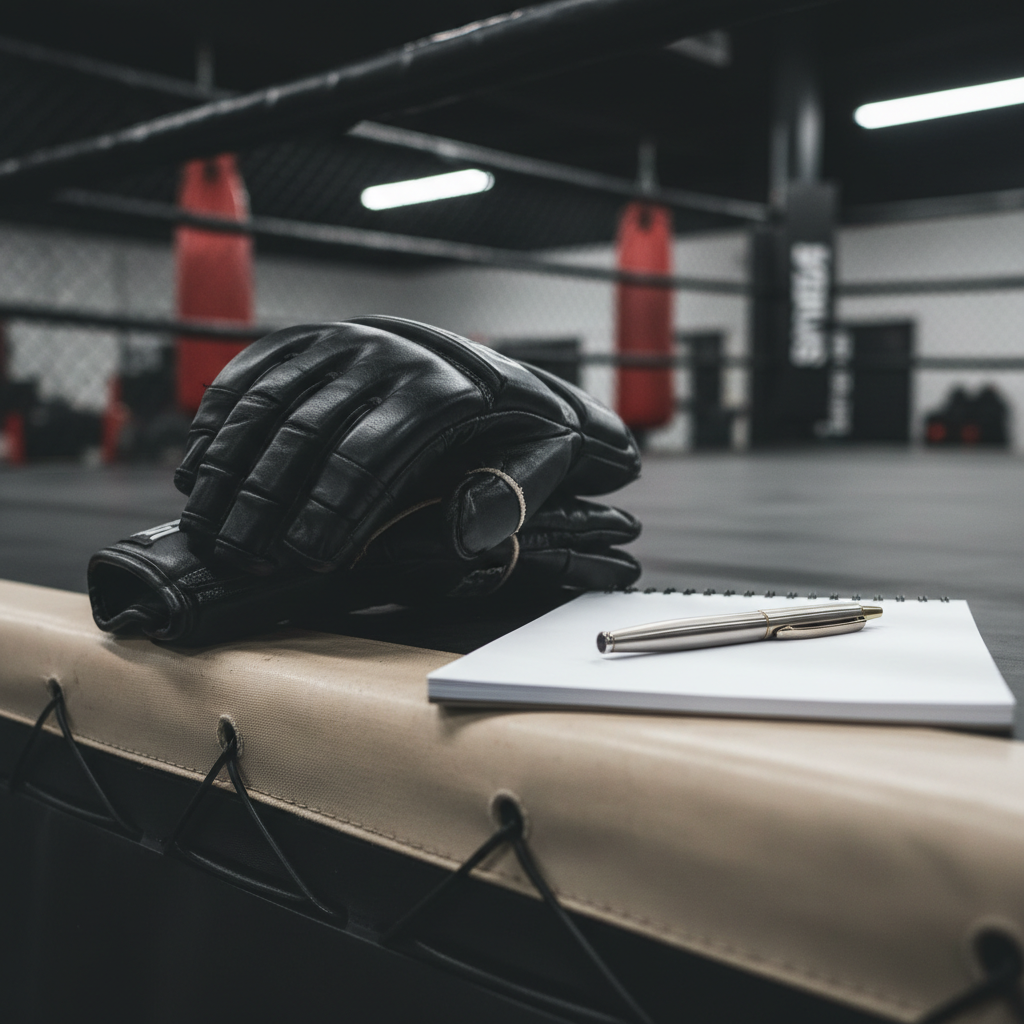 A close-up, photographic view of a pair of high-end, matte-black MMA gloves resting on the edge of a worn but spotless ring apron, the leather subtly creased and contoured from years of use. Next to them lies a neatly arranged notebook with clean, blank pages and a sleek metal pen, representing detailed coaching notes and fight strategy. Overhead gym lighting creates dramatic, directional highlights along the glove stitching and casts a soft shadow over the notebook. Shot from a low, side angle with shallow depth of field, the background fades into an abstract blur of cage fencing and training gear. The atmosphere is disciplined and methodical, emphasizing mentorship, preparation, and the professionalism behind every fight camp.