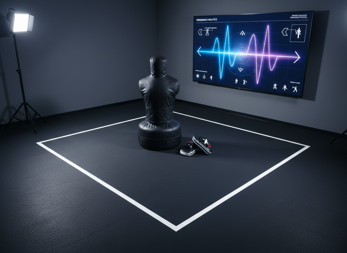 A carefully arranged corner of an elite MMA training room dedicated to online coaching: a wall-mounted large screen showing an abstract, dynamic waveform and movement diagram, facing a clear open mat section defined by crisp white boundary lines on dark gray flooring. On the mat, a heavy grappling dummy lies in a neutral position, its durable synthetic surface catching soft highlights, while a pair of focus mitts rests nearby. Cool studio lighting from one side creates subtle contrast and depth without harsh shadows. Photographic realism, shot from a slightly elevated angle to show both screen and mat space. The composition feels structured and modern, conveying remote mentorship, technical breakdowns, and professional-level virtual coaching without featuring any people.
