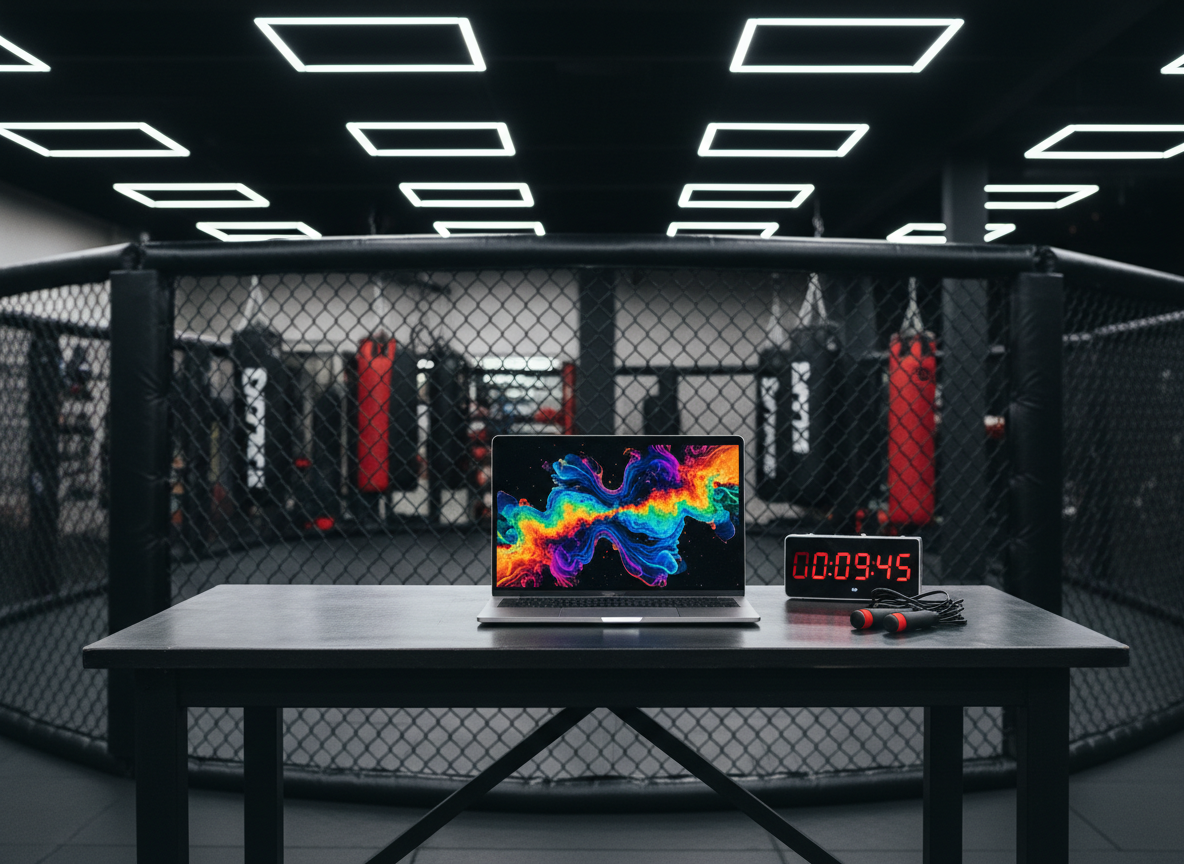 An organized MMA coaching command center inside a premium gym: a sturdy black metal table supporting a slim laptop displaying an abstract, colorful heat-map style graphic, symbolizing performance analytics, next to a digital timer and a neatly coiled skipping rope. Behind the table, the cage fence stretches across the frame, and beyond it, out-of-focus pads and bags suggest an active training space. Cool, even artificial lighting from overhead panels creates a clean, high-performance feel with gentle reflections on metal surfaces. Photographic realism, captured at eye level with a balanced composition that places the laptop on the rule of thirds. The mood is analytical and strategic, presenting MMA coaching as a precise, data-driven profession rather than informal gym instruction.