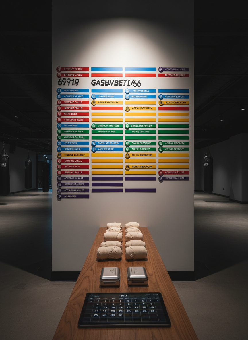 A dramatic, photographic scene of a fight camp planning area in a high-end MMA facility: a large wall covered with neatly arranged color-coded magnet strips and abstract icons indicating training phases, recovery blocks, and game-plan elements. Below, a long bench holds neatly stacked hand wraps, pristine mouthguard cases, and a digital tablet displaying a simple, bold calendar grid. Focused overhead lighting illuminates the wall and bench, leaving the edges of the room in subtle shadow, creating a sense of intensity and purpose. Captured straight-on with sharp focus throughout, the composition emphasizes order, structure, and long-term fighter development. The atmosphere is deliberate and strategic, highlighting the professionalism and mentorship behind designing elite fight camps.